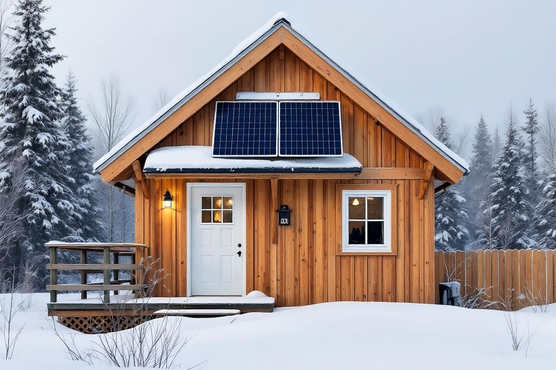 Tiny House mit zwei Solarpanelen im Winter, umgeben von einem Garten.