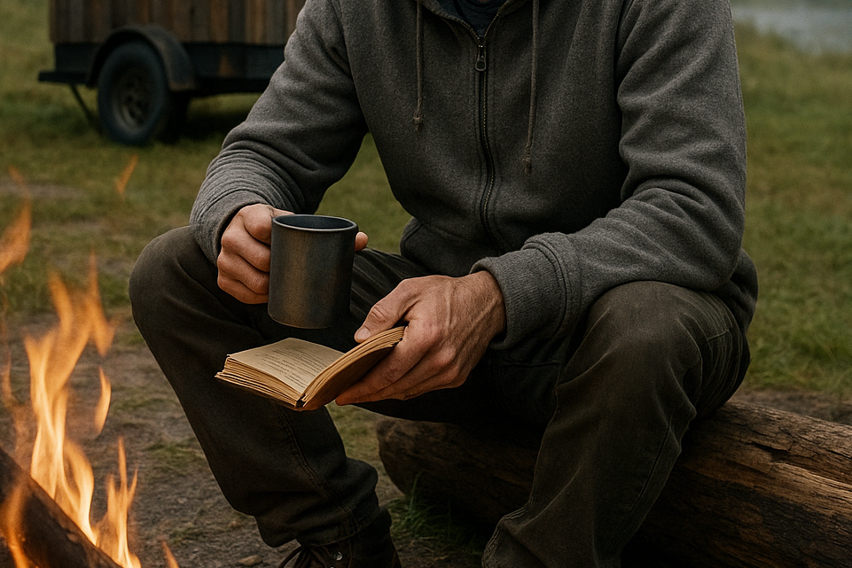 Mann mit Buch und Kaffee-Tasse in der Hand am Lagerfreuer vor seinem Tiny House