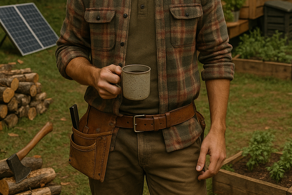 Mann in karriertem Hemd mit Tasse in der Hand