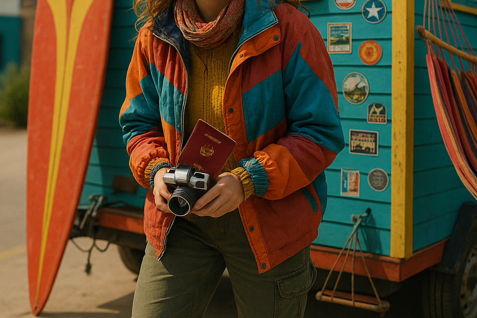 Frau in bunter Jacke mit Fotoapparat in der Hand vor ihrem Bunten Tiny House an dem ein Surfbrett lehnt
